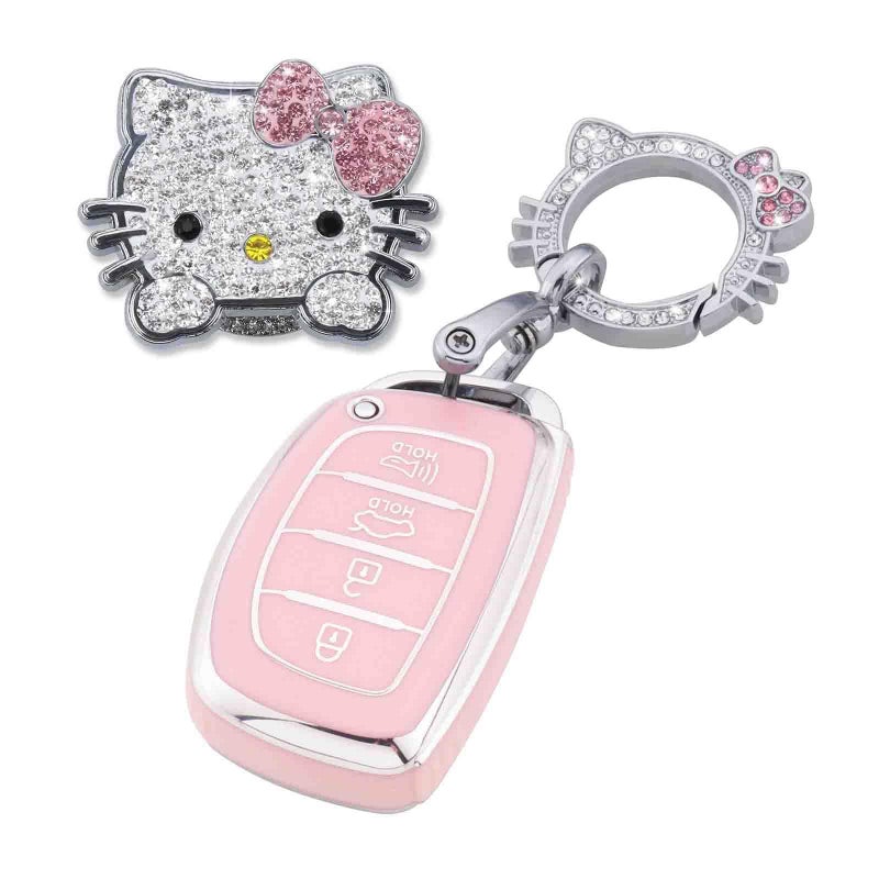 Pangpai Pink Car Accessories 3 Pcs for Hyundai lantra Ioniq Sonata Tucson Elantra GT Key Fob Cover with Bling Keychain Cute Push to Start Button Cover - Image 1